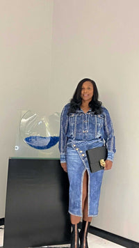 Jaleen (Indigo Blue Denim Effect Blouse and Skirt Set)