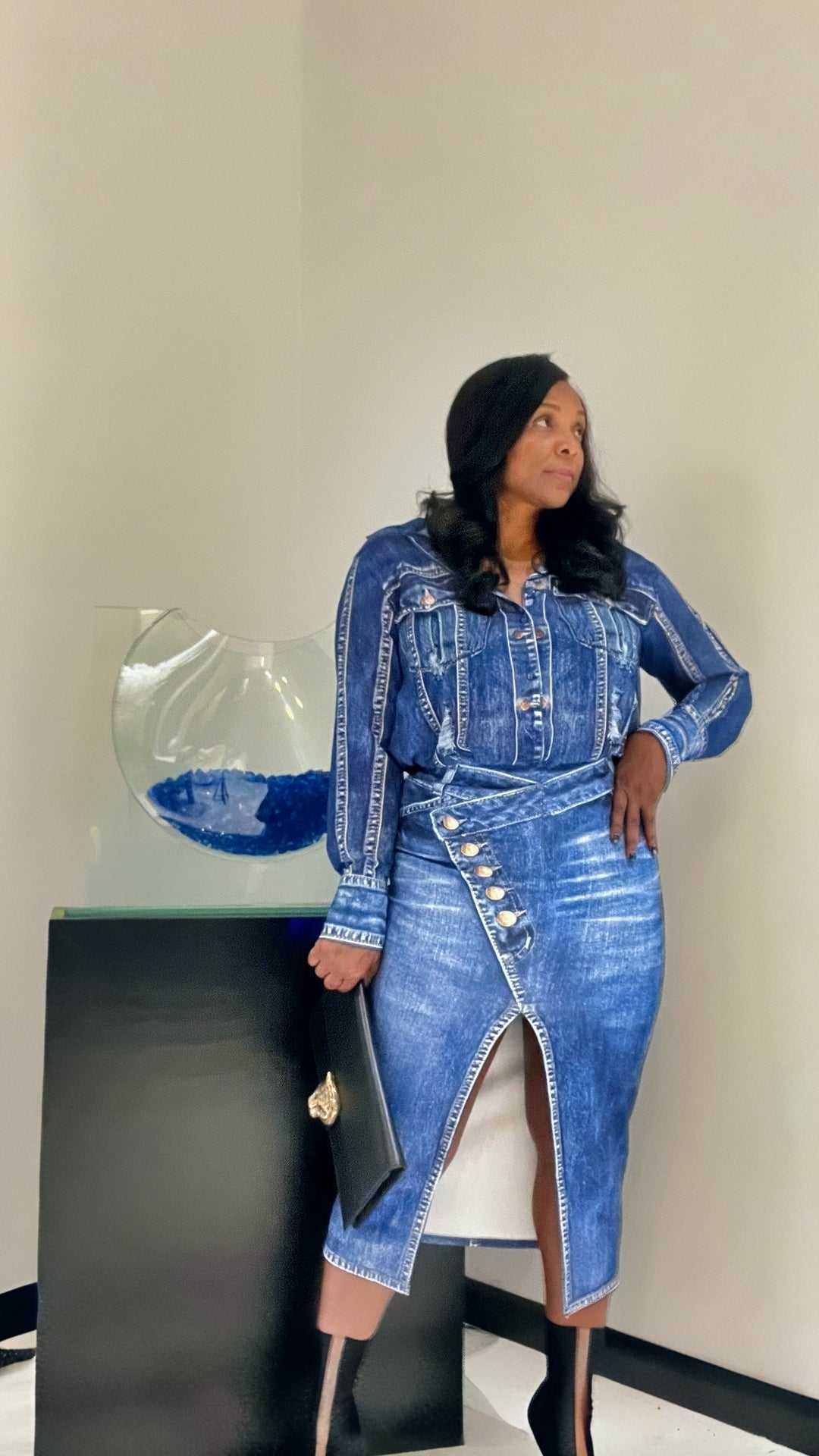 Jaleen (Indigo Blue Denim Effect Blouse and Skirt Set)