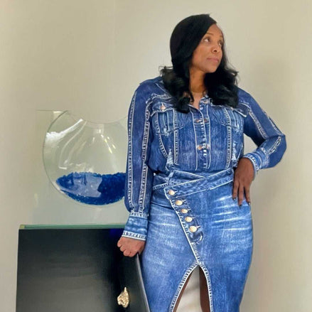 Jaleen (Indigo Blue Denim Effect Blouse and Skirt Set)