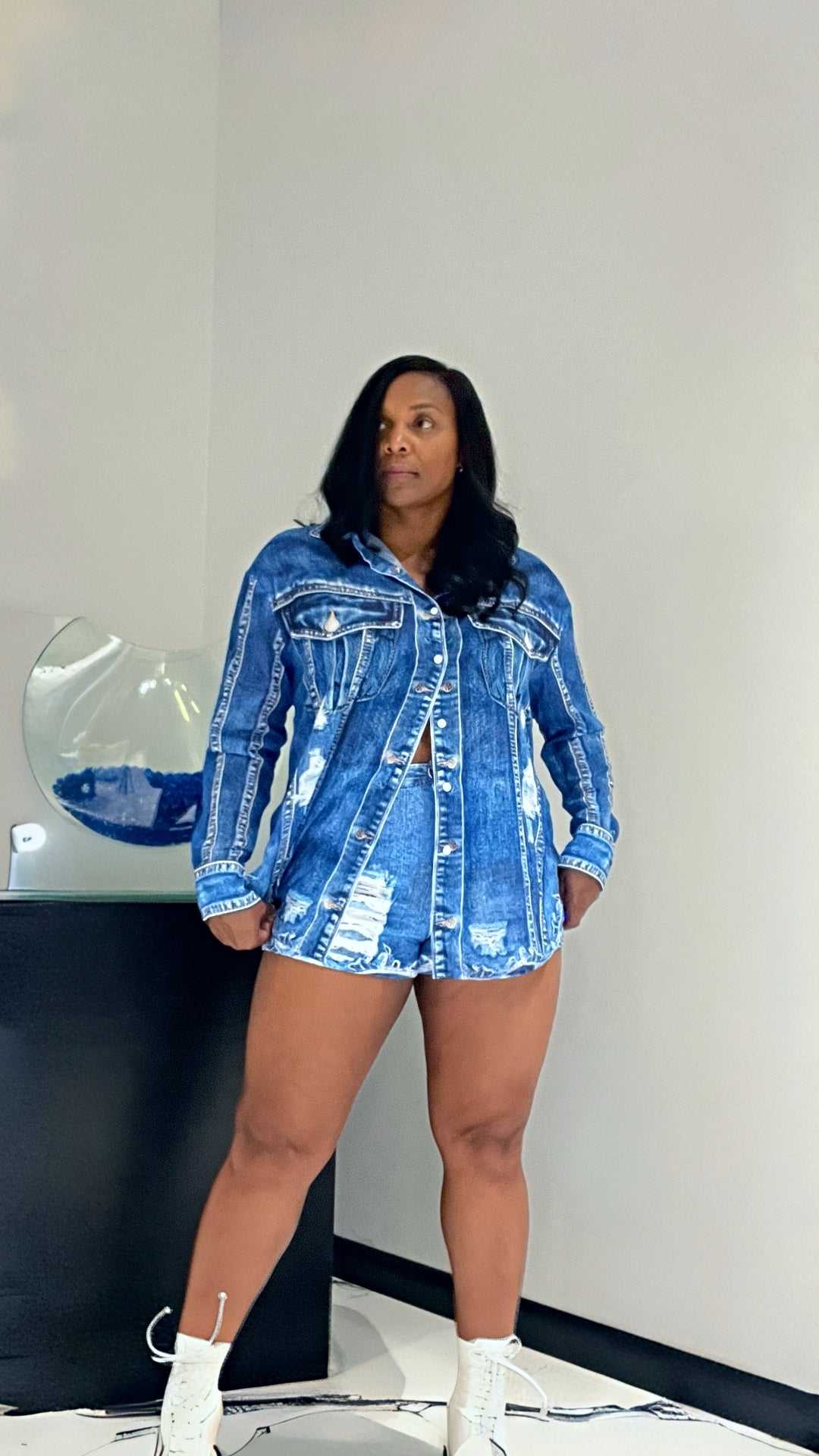 Jolen  (Indigo Blue Denim Print Short Set)