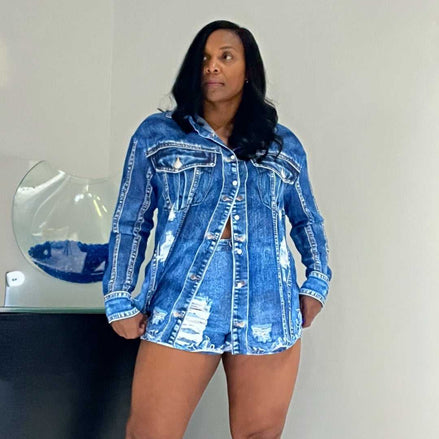 Jolen  (Indigo Blue Denim Print Short Set)