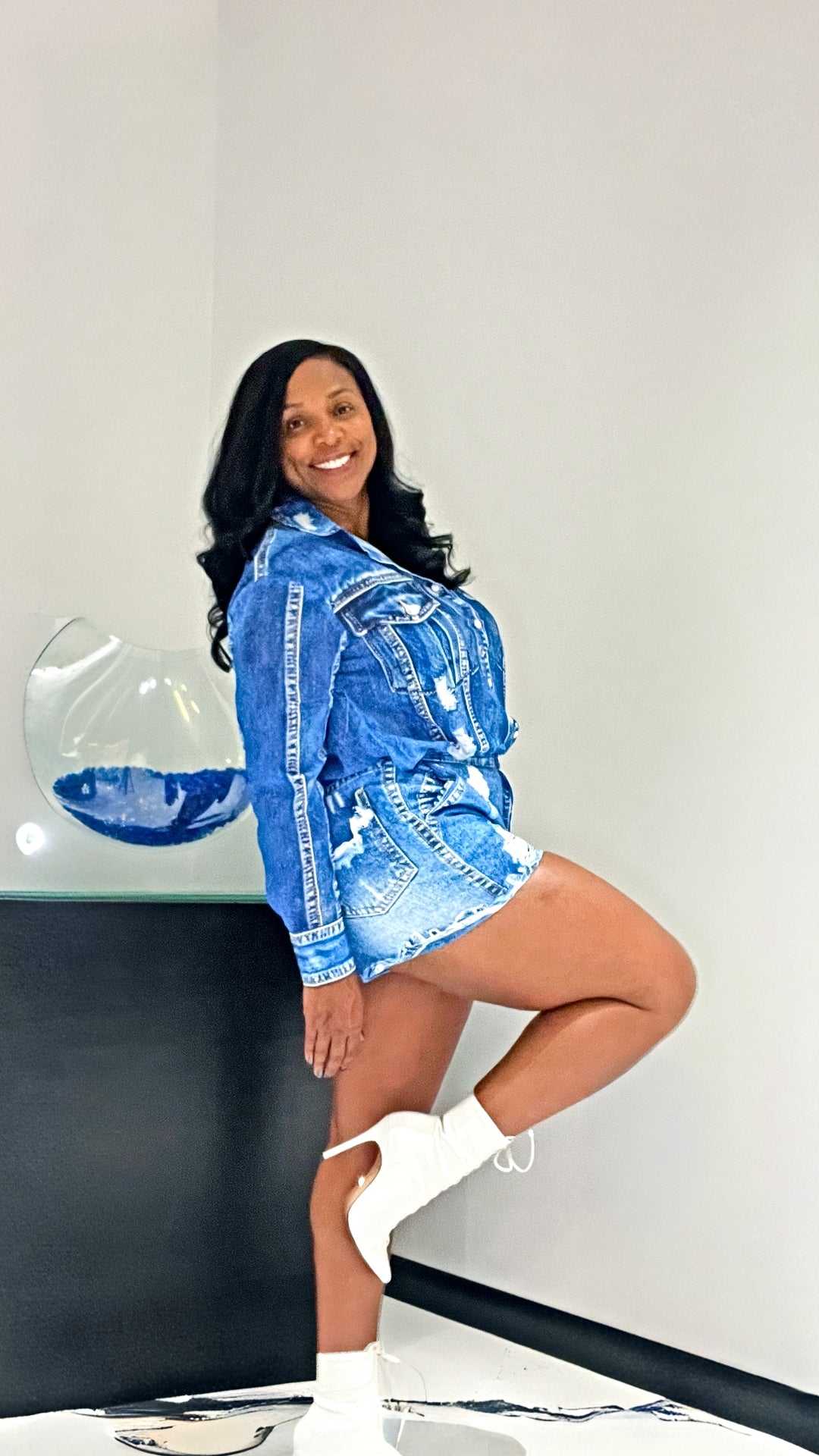 Jolen  (Indigo Blue Denim Print Short Set)