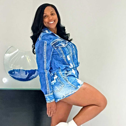 Jolen  (Indigo Blue Denim Print Short Set)
