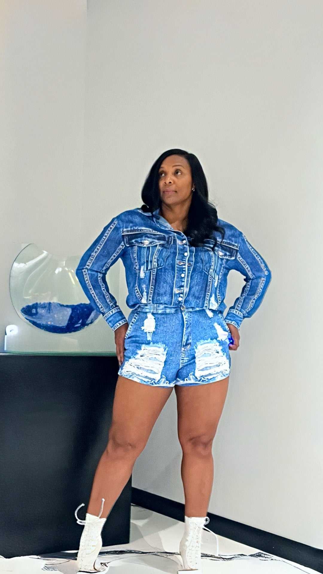 Jolen  (Indigo Blue Denim Print Short Set)