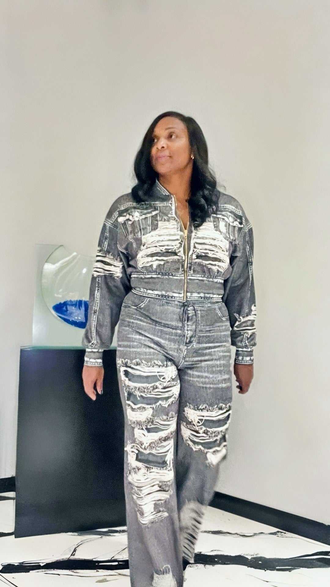 Jace (Grey Denim Effect Pant Set)
