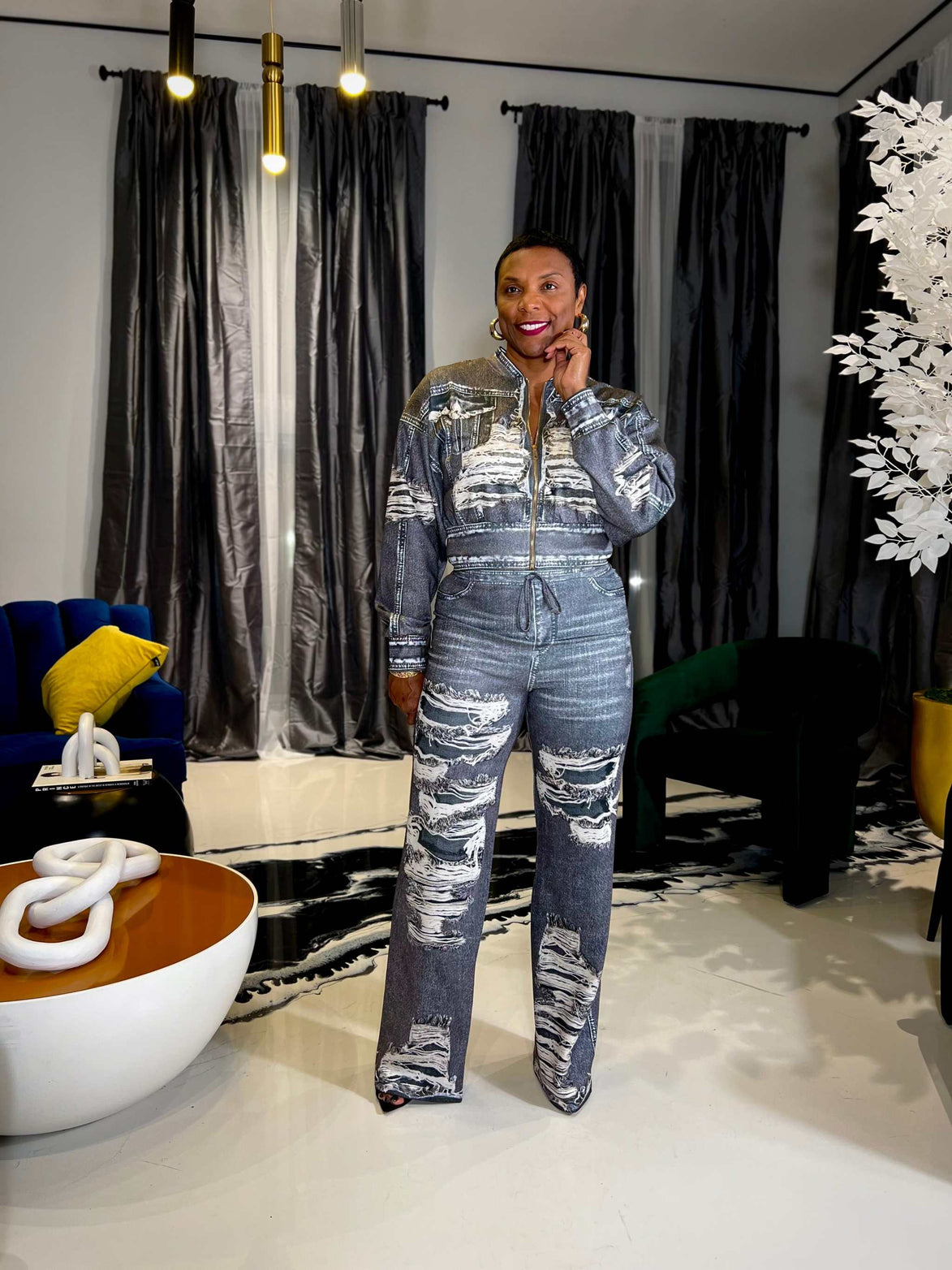 Jace (Grey Denim Effect Pant Set)