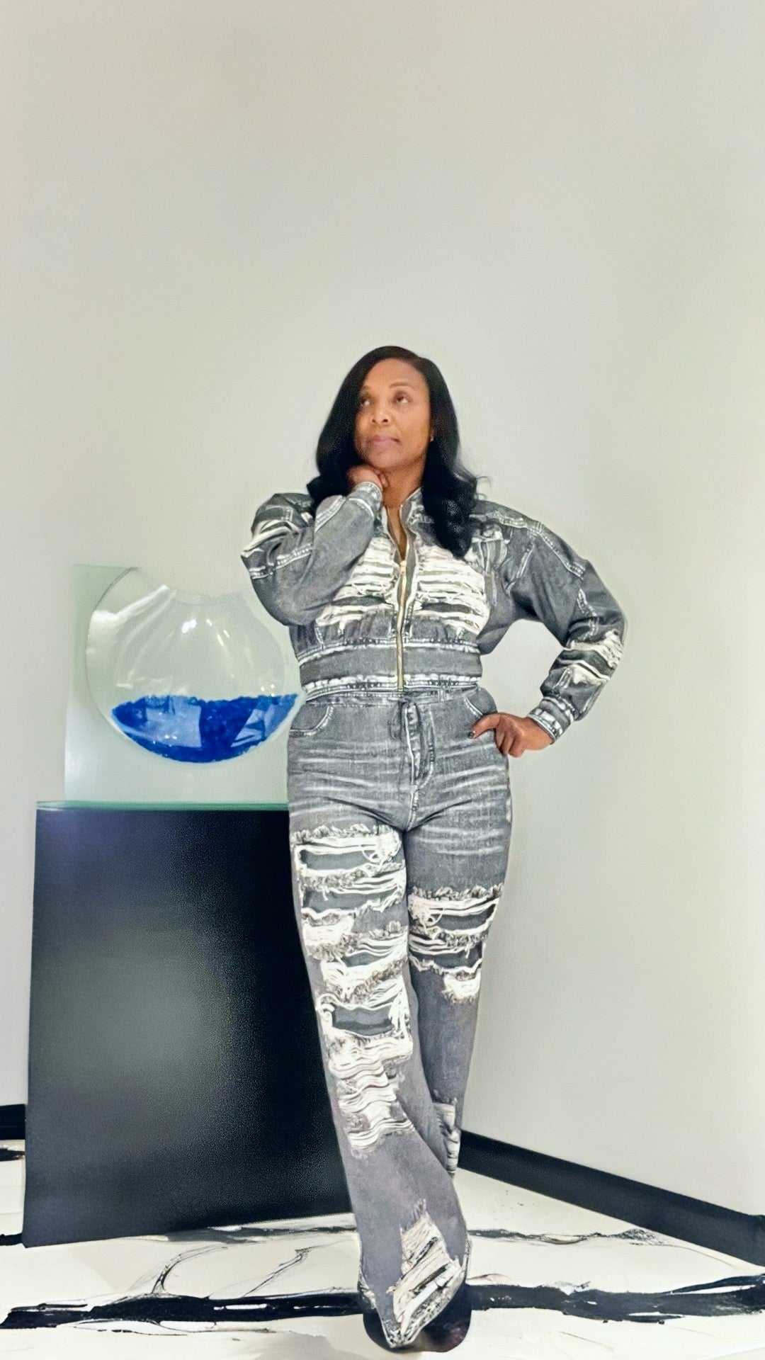 Jace (Grey Denim Effect Pant Set)