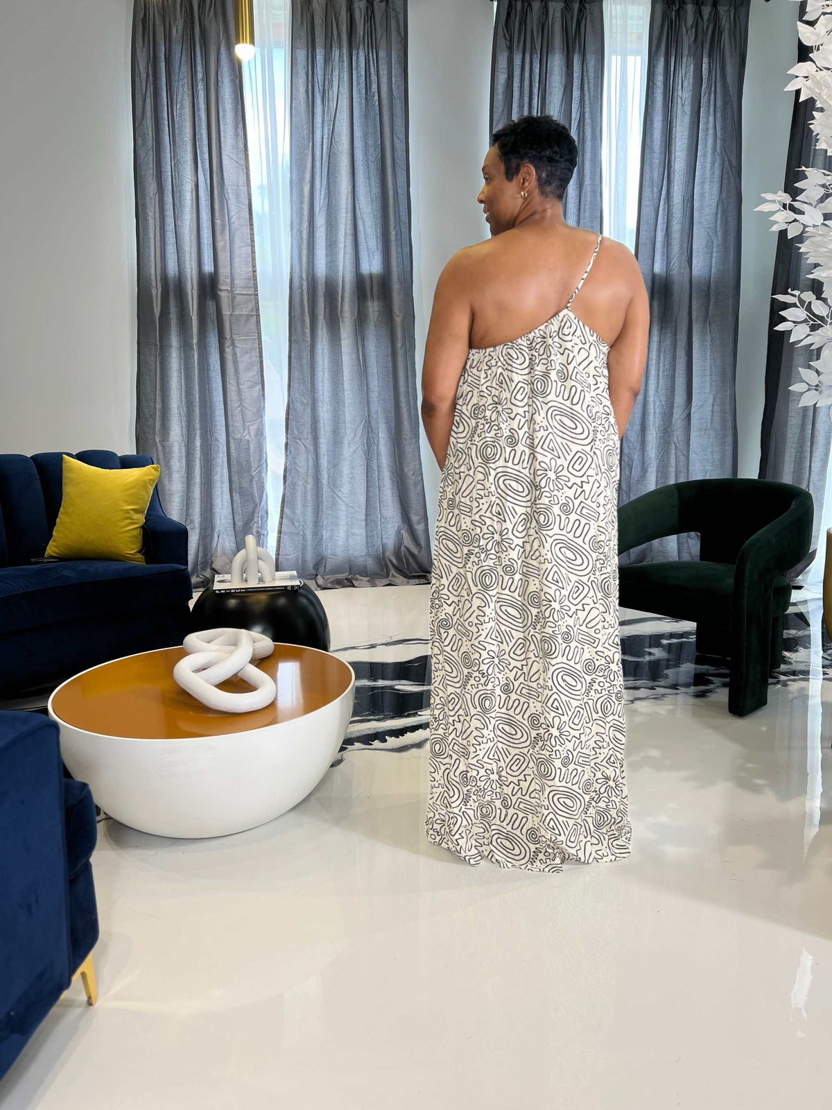 Zariah One Shoulder Maxi Dress-Black and White