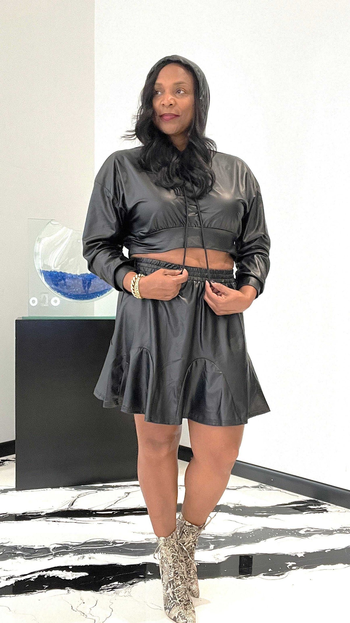 Kassidy (Faux Leather  Hood Top and Skirt Set)