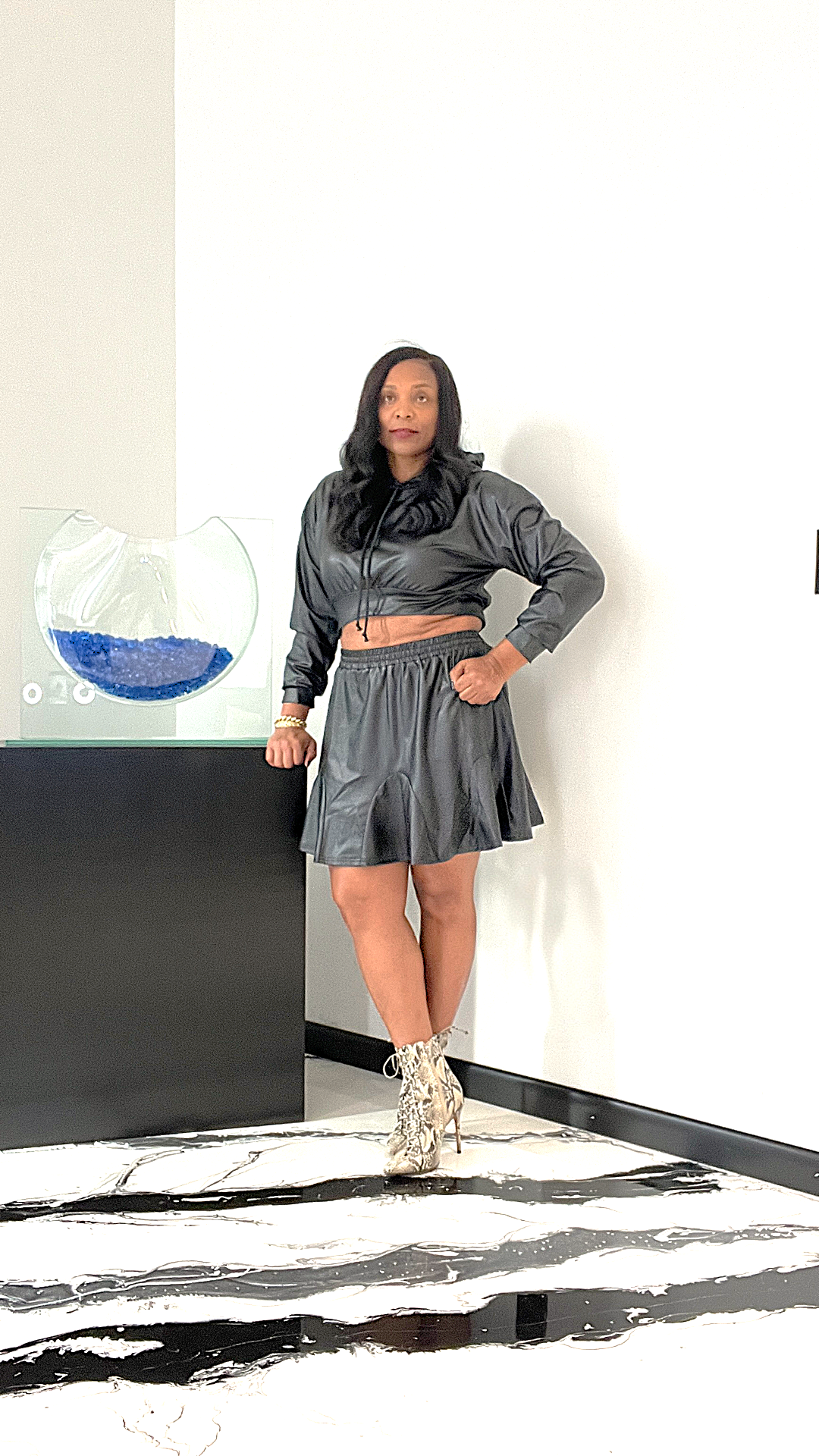 Kassidy (Faux Leather  Hood Top and Skirt Set)