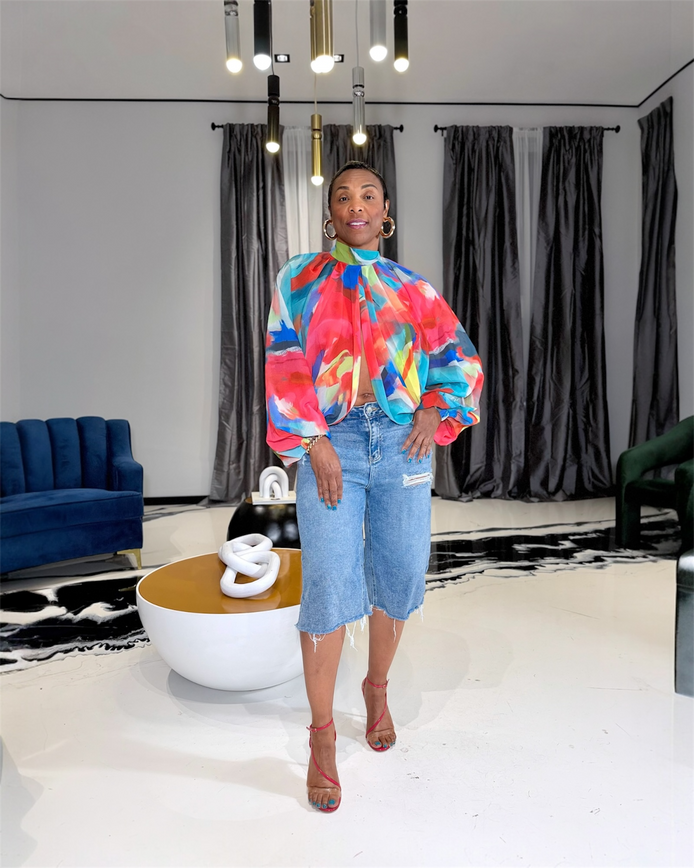 Maddie Pink Multi Sheer Blouse sheer long sleeve top