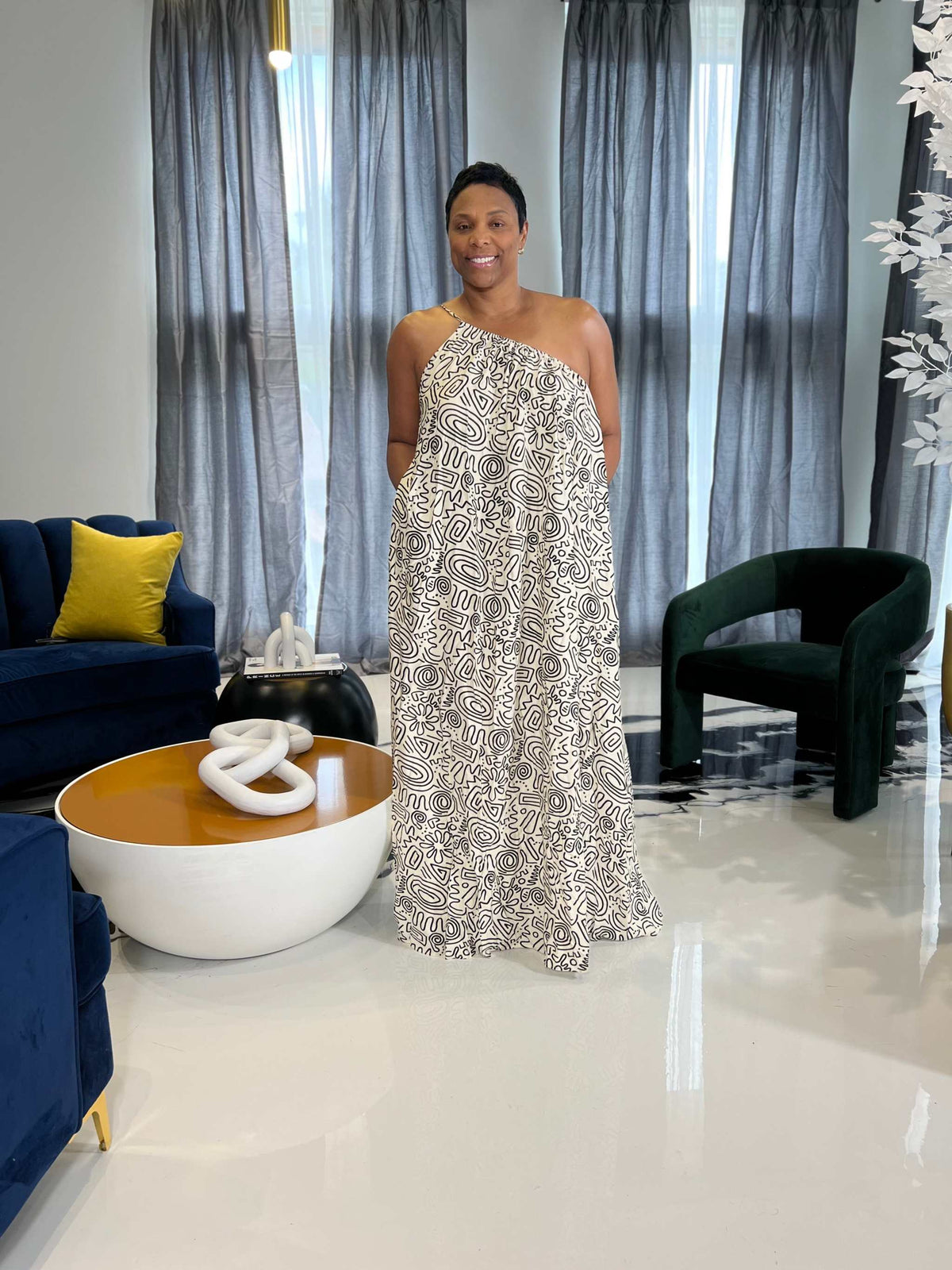 Zariah One Shoulder Maxi Dress-Black and White
