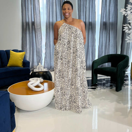 Zariah One Shoulder Maxi Dress-Black and White