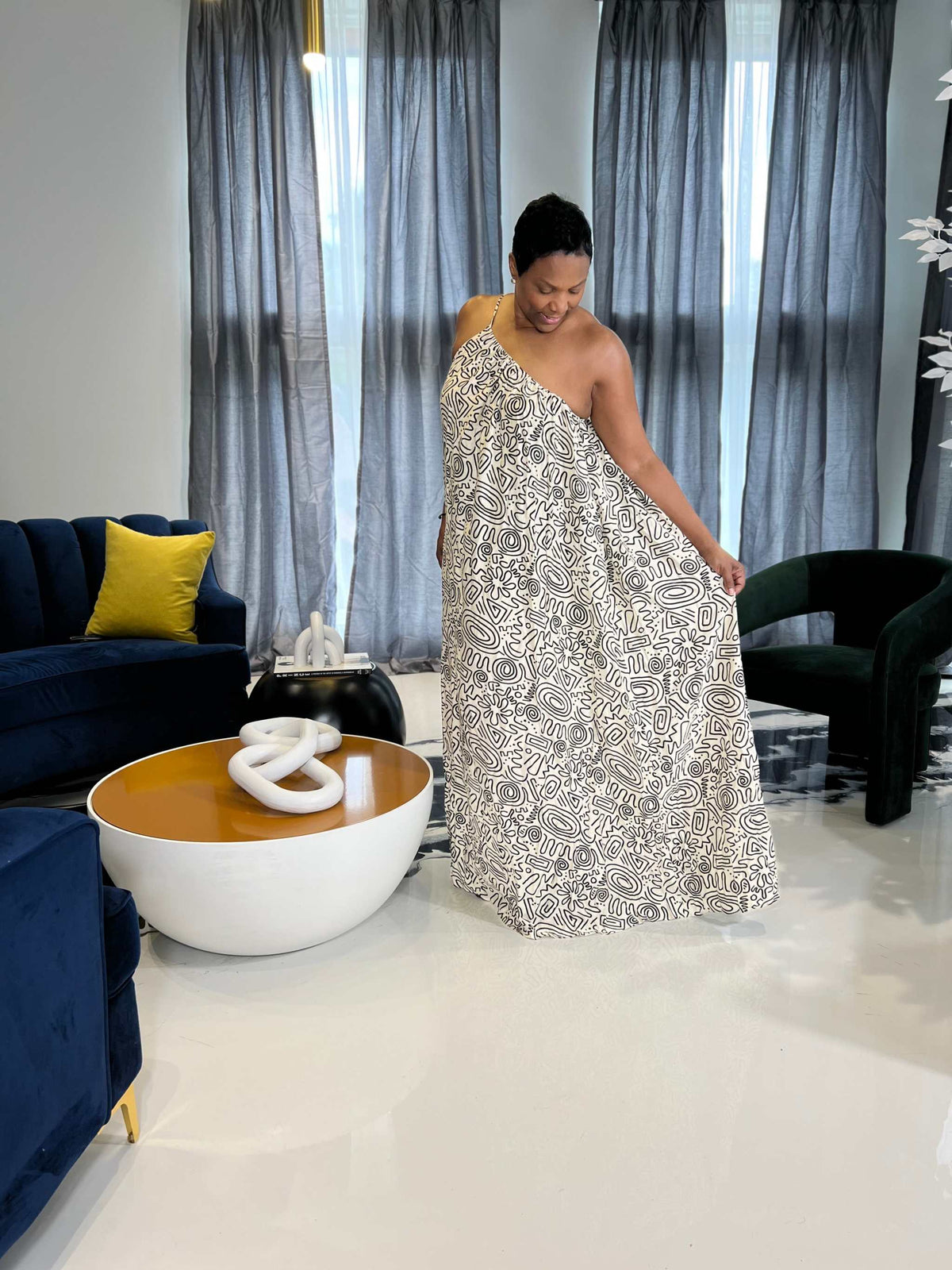 Zariah One Shoulder Maxi Dress-Black and White