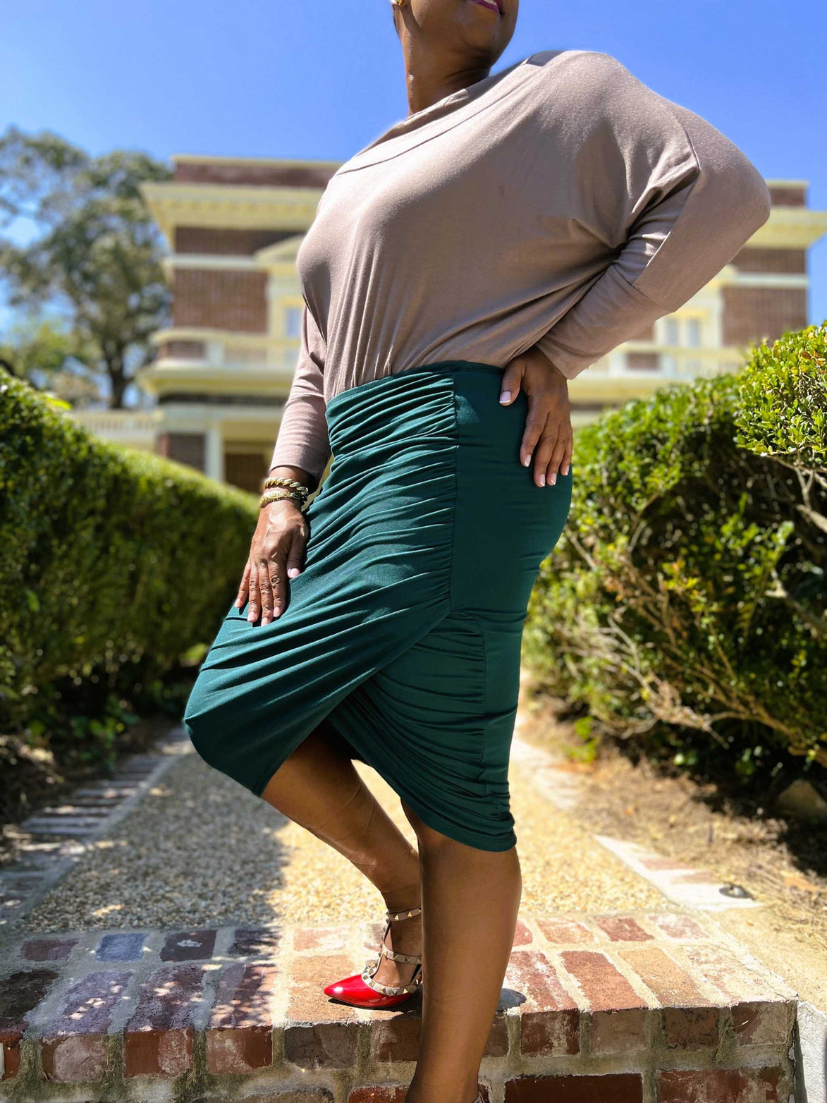 Mandy Hunter Green Ruched Wrap Skirt