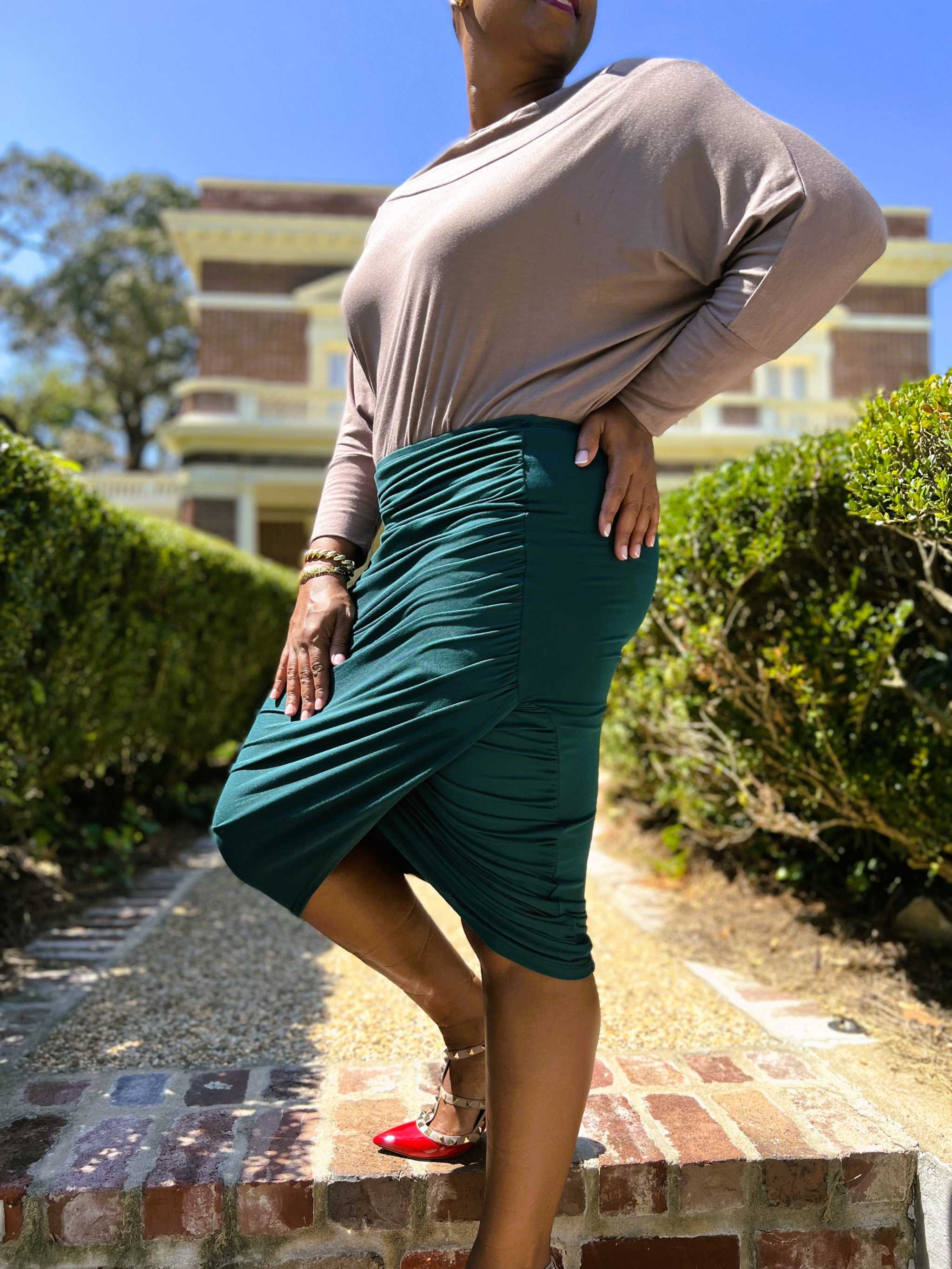 Mandy Hunter Green Ruched Wrap Skirt